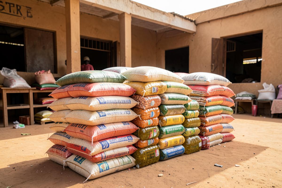 Food relief packages stacked in a community courtyard